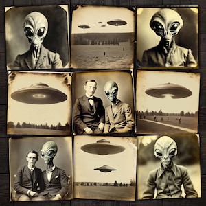 UFO とエイリアンのアンティークな印刷可能な写真、ジャンクジャーナル、ミックスメディアコラージュ、ステッカー、ペーパークラフト用のエフェメラ