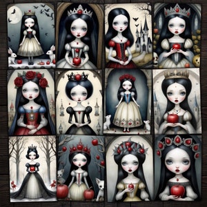 Cartões ATC imprimíveis de Branca de Neve gótica, Imagens de contos de fadas digitais para diários de lixo, diário de arte, mídia mista, artesanato em papel