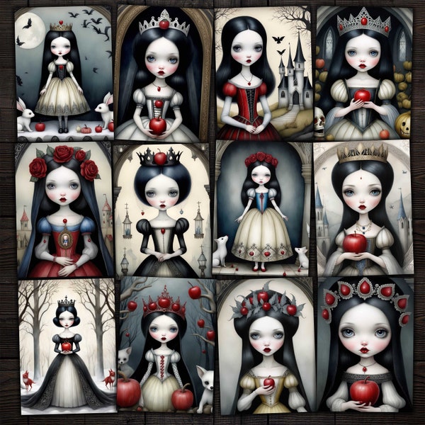Gothic Snow White Printable ATC Cards, Digital Fairy Tale Images for Junk Journals, Art journaling, Mixed media, Paper crafts
