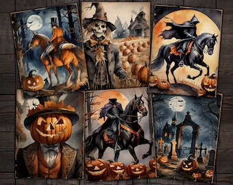 May include: Six vintage Halloween-themed illustrations featuring a scarecrow, a headless horseman, a pumpkin-headed man, and a graveyard scene. Each illustration is framed with a rustic brown border and includes pumpkins and other Halloween imagery.