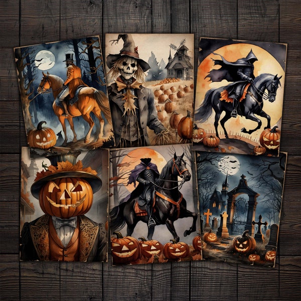 The Headless Horseman, Legend of Sleepy Hollow Gothic Halloween Printable Papers for Junk journals, Mixed media collage, paper crafts