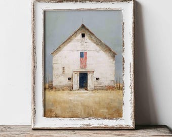 Rustic Barn American Flag Art Print, 4th of July, Farmhouse Country Decor, Digital download