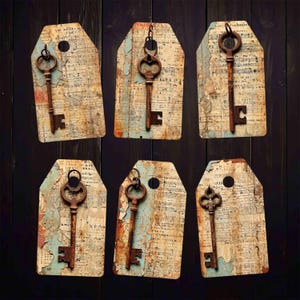 Afdrukbare tags verroeste sleutels voor ongewenste tijdschriften, mixed media collage, antieke papierkunst, plakboek, digitale download hang tag