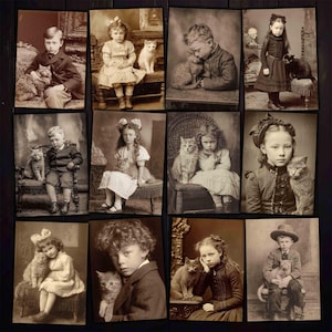 May include: A collection of sepia-toned vintage photographs featuring children posing with cats. The portraits showcase various children in period clothing, each holding or interacting with a cat. The images have a classic, antique aesthetic.