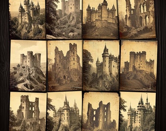 Tarjetas ATC de Castillos Antiguos: Collage de fotos de ruinas