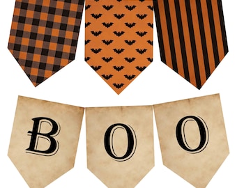Printbare Halloween-vlaggetjes, vintage grunge "Boo" doe-het-zelf decoratie, digitale download