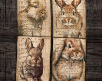 Vintage Rabbit Ledger Pages, Grunge Document with Baby Rabbits Ephemera for Junk journals, Scrapbooks, Mixed media collage crafts