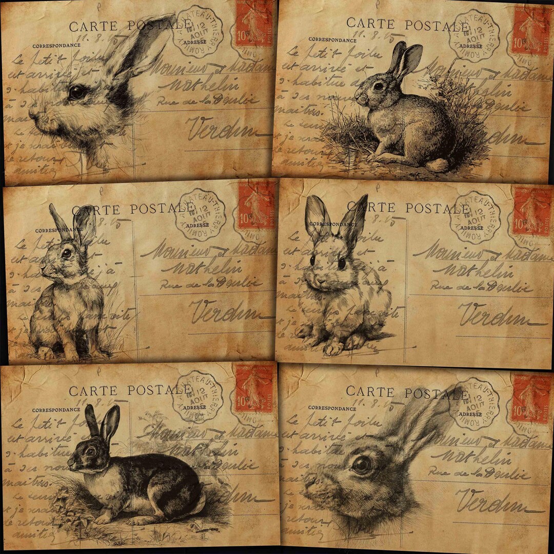 Vintage Rabbit Postcards: Antique Ephemera for Junk Journals, Paper ...