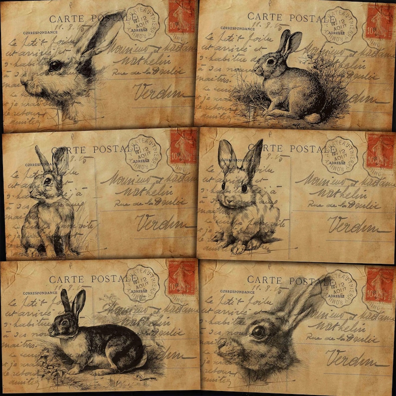 Vintage Rabbit Postcards: Antique Ephemera for Junk Journals, Paper ...