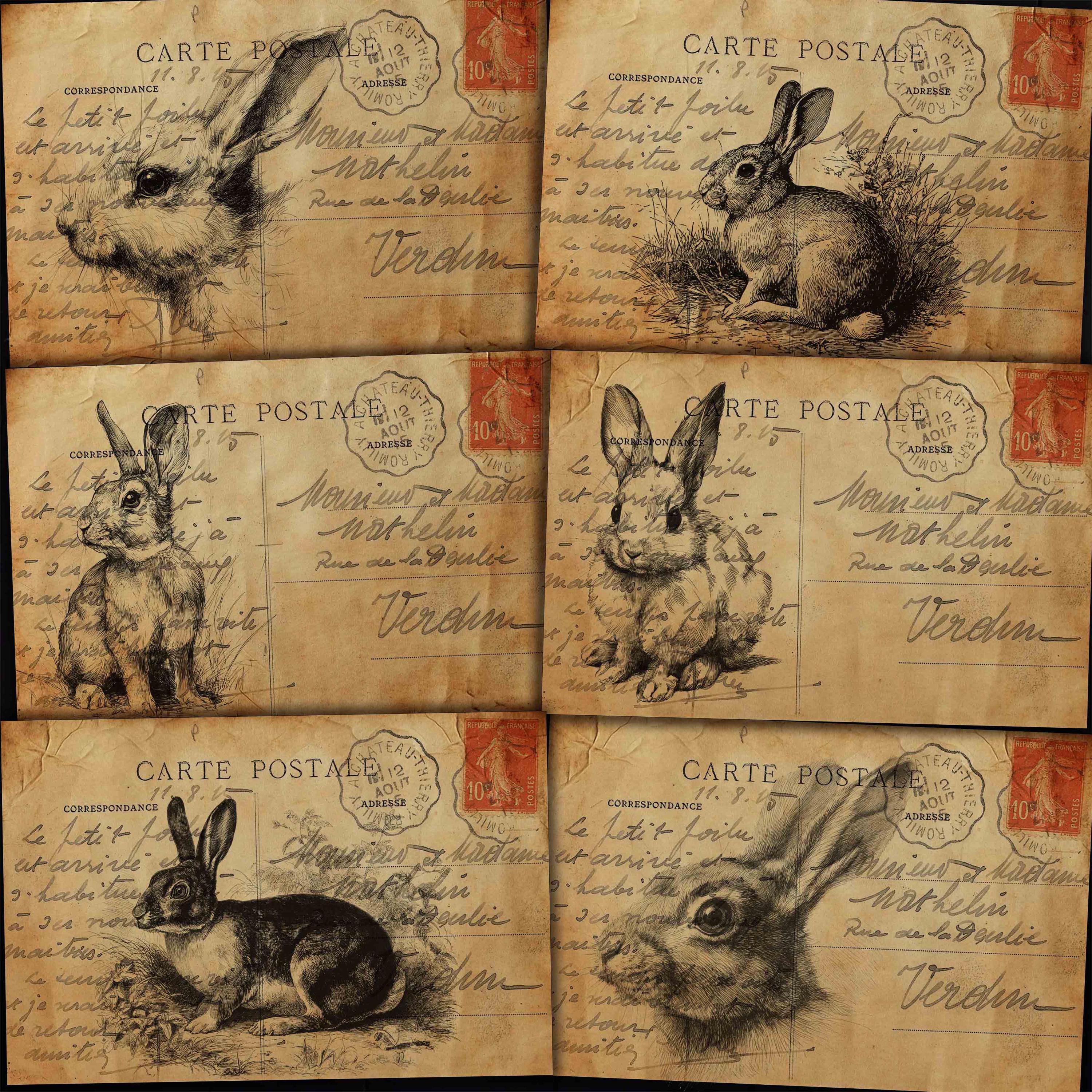White Rabbit Postcard Vintage Rabbit Postcards: Antique Ephemera for Junk Journals, Paper ...