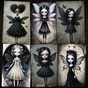 May include: A set of six digital art prints featuring dark fairy illustrations. Each print depicts a fairy with black wings and a black dress. The fairies have different hairstyles and expressions. The background of each print is a watercolor wash of gray and blue.