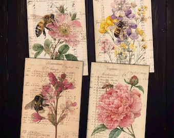 Bees and Flowers Ephemera: Antique Ledger Pages for Junk Journals and Crafts (Digital Download)