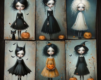 May include: Six illustrations of girls dressed in Halloween costumes with pumpkins. The girls are wearing black dresses, a witch hat, a bat costume, and a yellow dress. The illustrations are in a vintage style.