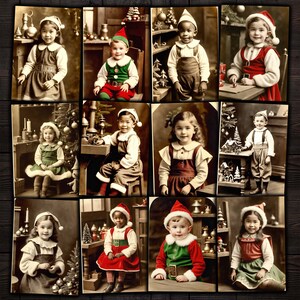 Crianças elfas de Natal na oficina do Papai Noel Cartões ATC de fotografia antiga, coisas efêmeras imprimíveis para diários indesejados, mídia mista, artesanato em papel