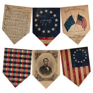 May include: A collection of six vintage-style patriotic banners. Designs include sheet music, the year 1776, the American flag, a plaid pattern, a portrait of Abraham Lincoln, and a Betsy Ross flag. The banners are in shades of red, white, and blue.