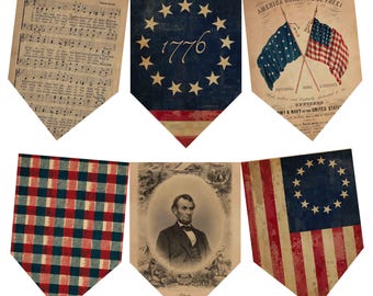 July 4th Printable Bunting Flags, Vintage Grunge America DIY Decor, Digital download