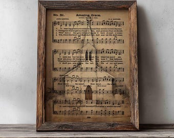 Print van het lied Amazing Grace, antieke kerkkunst (digitale download)
