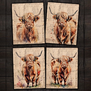 Highland Cow Printable Ephemera Ledger Papers for Junk Journals, collage technique mixte, scrapbooking et travaux manuels en papier