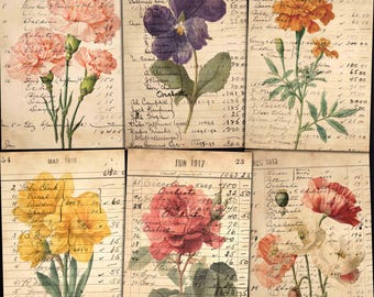 Birth Month Flowers Ephemera: Antique Ledger Pages for Junk Journals and Vintage Crafts (Digital Download)