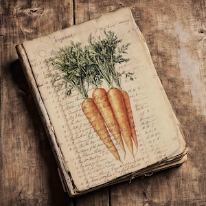 May include: A vintage, hand-drawn illustration of carrots with green tops on a page from an old ledger. The ledger page has handwritten text and numbers.