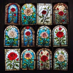 Rose Stained Glass Windows Printable ATC cards for Mixed media arts, Junk journaux Artisanat en papier pour conte de fées et Kit numérique à télécharger