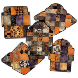 May include: Five Halloween-themed paper envelopes with a patchwork design. The envelopes feature a mix of orange, purple, black, and gray squares with spiderwebs, bats, and other spooky patterns. The envelopes have a unique shape.