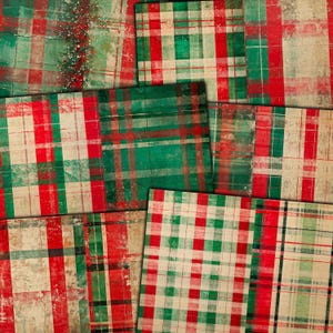 Grunge Christmas Plaid Printable Half Pages for Junk journals, Mixed media collage, Paper crafts, Digital kit download