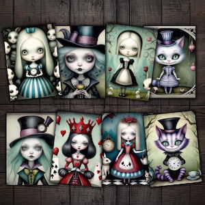 Gothic Alice im Wunderland ATC Karten, gruselig süße druckbare Ephemera für Junk Journals, Mixed Media Collage, Papierhandwerk
