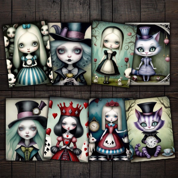 Gothic Alice in Wonderland ATC cards, Creepy Cute Printable Ephemera for Junk journals, mixed media collage, paper crafts