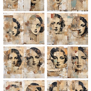 May include: A collage of eight images featuring a woman's face, each with a different arrangement of paper and paint. The images are in a grid format, with four images in each row. The woman's face is the central focus of each image, and the paper and paint create a textured and layered effect.