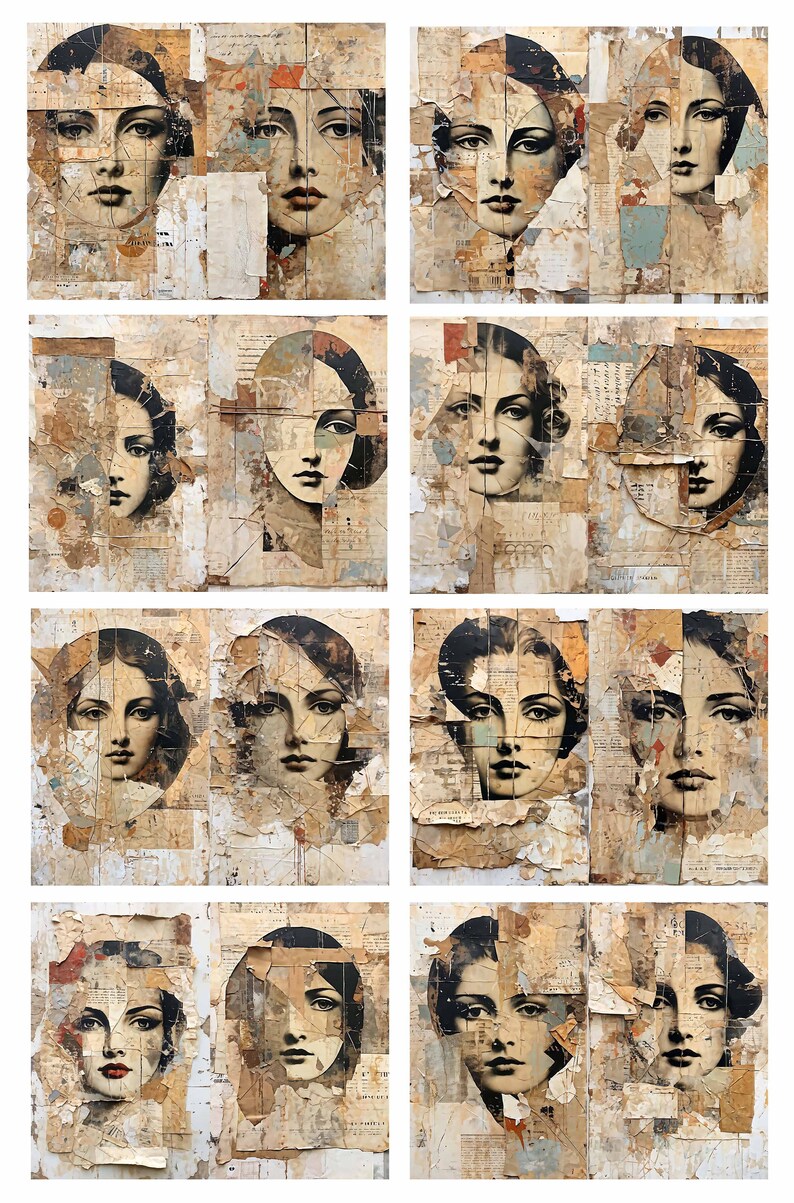 May include: A collage of eight images featuring a woman's face, each with a different arrangement of paper and paint. The images are in a grid format, with four images in each row. The woman's face is the central focus of each image, and the paper and paint create a textured and layered effect.