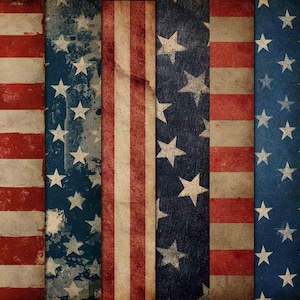 May include: A distressed, vintage-style background featuring vertical panels with the American flag design. The panels alternate between red and white stripes and blue fields with white stars, creating a patriotic theme.