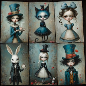 Surreal gótico alice no país das maravilhas páginas imprimíveis para diários de lixo arte diário mídia mista artesanato de papel, álbum de recortes, kit digital