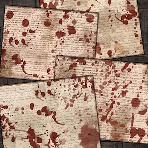 Carte digitali macchiate di sangue, materiale effimero grunge sui vampiri per Halloween, diari spazzatura sui vampiri gotici, lavori di carta, download immediato