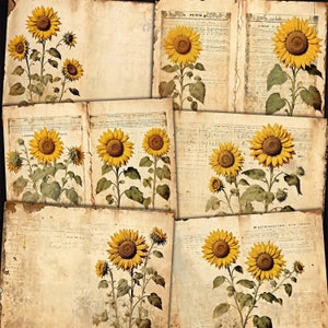 Grunge Sunflowers Printable Papers for Shabby Junk Journals, Mixed media collage, Paper crafts, Digital kit download