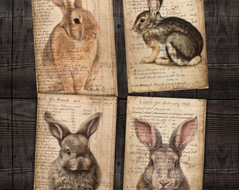 Vintage Rabbit Ledger Pages, Grunge Document with Rabbits Ephemera for Junk journals, Scrapbooks, Mixed media collage crafts