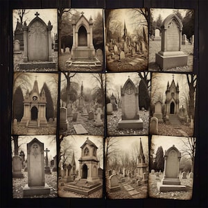 Afdrukbare begraafplaats Griezelige begraafplaatsfoto ATC-kaarten voor Halloween Gothic junkjournals, mixed media collage, digitale plakboekkit