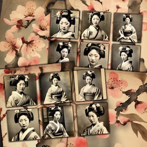 Fotografías digitales de geishas japonesas y papeles vintage de flores de cerezo, imprimibles para diarios basura, collages de técnica mixta y álbumes de recortes.