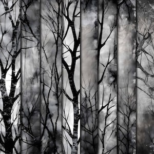 May include: Black and white abstract art print featuring a stylized image of bare tree branches against a cloudy sky. The branches are arranged in vertical lines, creating a sense of depth and texture.