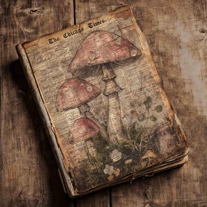 May include: A vintage-style journal with a mushroom illustration on the cover. The cover features a newspaper print background with the text "The Chicago Times." The mushrooms are depicted in shades of red and brown, with green foliage. The journal is on a wooden surface.