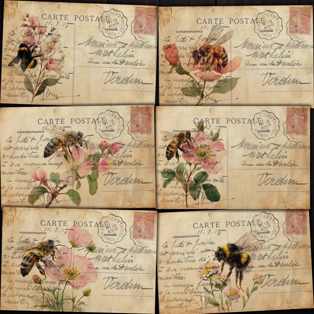 Honey Bees Postcards, Bumble Bee Ephemera, Carte Postal Vintage Crafts ...