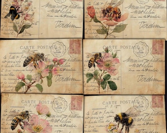 Honey Bees Postcards, Bumble Bee Ephemera, Carte Postal Vintage Crafts (Digital Download)