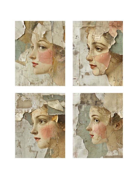 印刷可能な抽象的な顔のコラージュシート：ミックスメディアジャンク