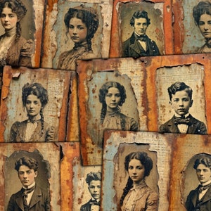 Pagine stampabili e fogli collage Rust Portraits per diario spazzatura, tecniche miste, artigianato di carta grunge, download di kit digitale