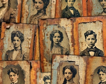 Puede incluir: Un collage de fotografías antiguas con retratos de personas con una estética rústica y envejecida. Las imágenes están enmarcadas con un borde desgastado y oxidado.