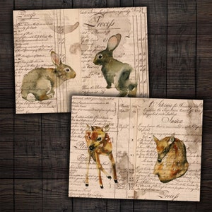 Junk Journal Woodland Animal Pages, Watercolor Baby Deer and Rabbits, Digital Instant Download