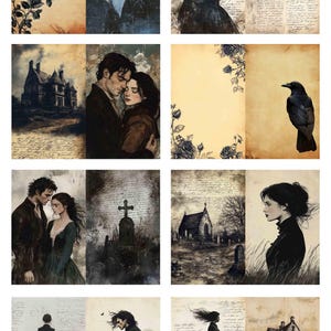 May include: A collection of eight digital art prints with a gothic romance theme. Each print features illustrations of couples, landscapes, and a raven, all in a vintage style with sepia tones and handwritten script backgrounds.