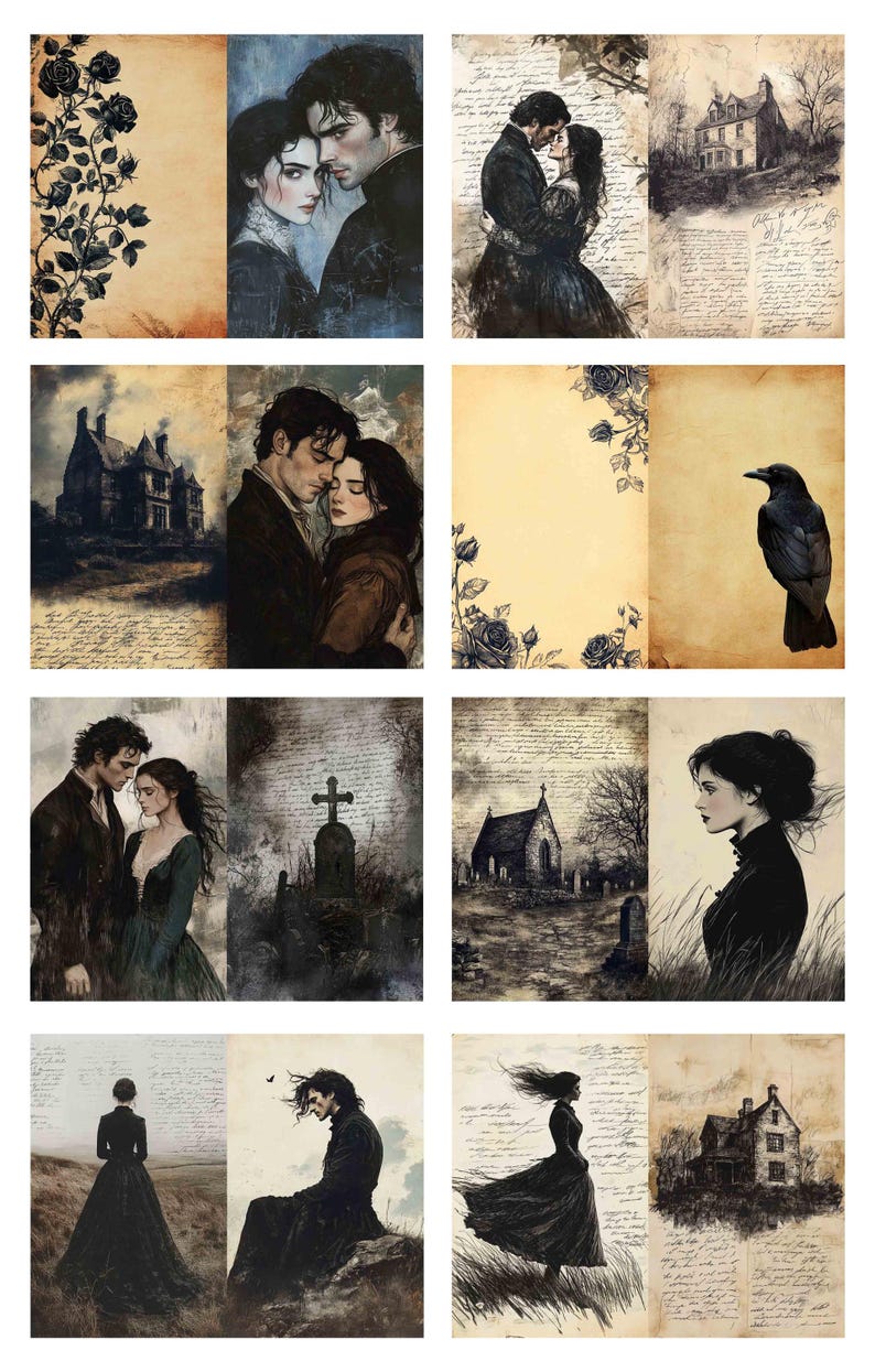 May include: A collection of eight digital art prints with a gothic romance theme. Each print features illustrations of couples, landscapes, and a raven, all in a vintage style with sepia tones and handwritten script backgrounds.