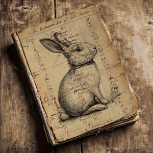 May include: A pencil drawing of a rabbit on a vintage ledger page. The rabbit is drawn in detail and is sitting on a page with handwritten text and numbers. The page is yellowed and worn with age.