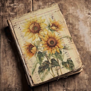 Sunflower Printable Ledgers Pages Ephemera for Junk journals, Mixed media collage, Handmade crafts, Vintage Antique Peony Flower download